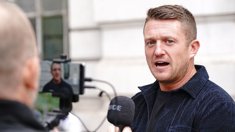 Tommy Robinson arrives at Westminster Magistrates' Court in London for a hearing on the stalking of a journalist. Image Date: Wednesday, October 13, 2021.