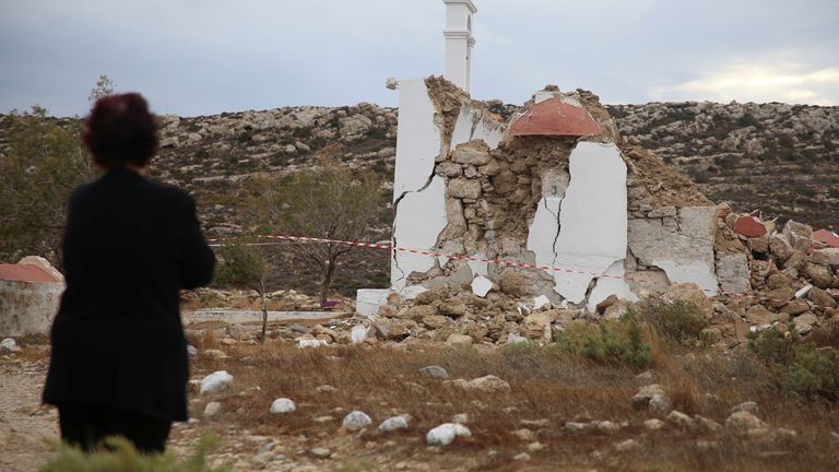 A view of a destroyed chapel following an earthquake in the village of Xerokampos on the island of Crete, Greece, October 12, 2021. REUTERS/Stringer
