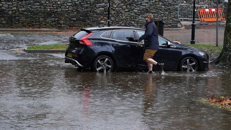 A flooded car park in Keswick, Cumbria, where the Met office has warned of life-threatening flooding and issued amber weather warnings as the area was lashed with "persistent and heavy rain". Up to 300mm is expected to fall in parts of the region, which typically sees an average of 160mm in October. Picture date: Thursday October 28, 2021.
