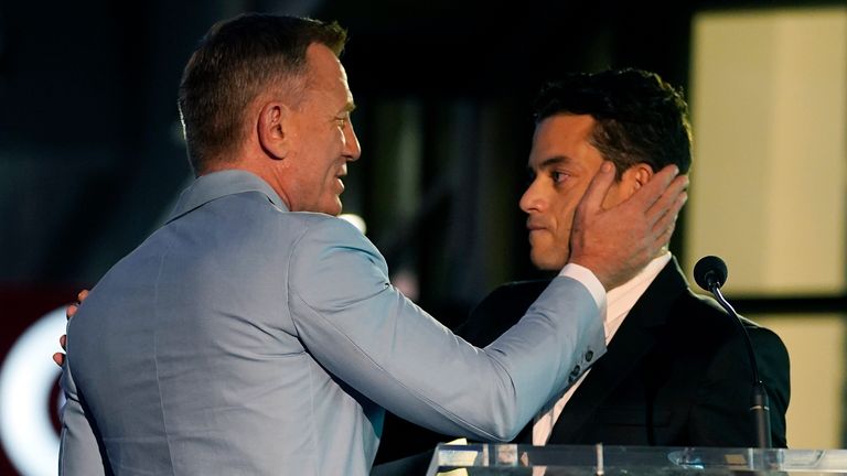 Daniel Craig was joined at the ceremony by co-star Rami Malek, who played the main villain in No Time To Die. Pic AP