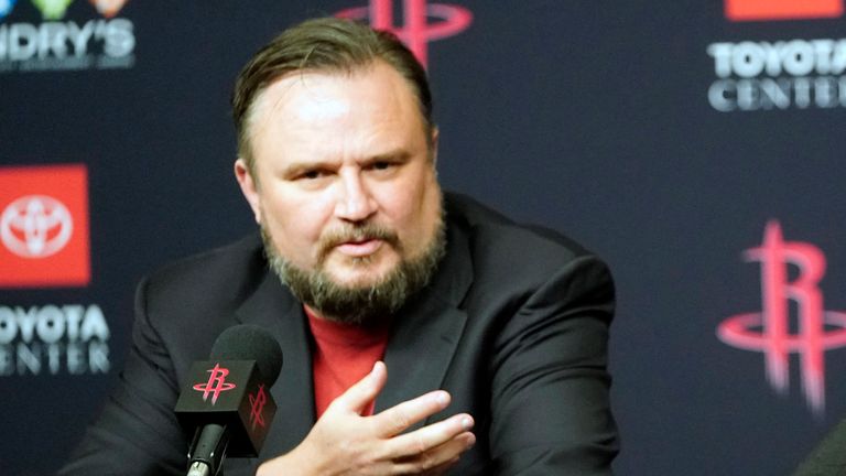 FILE - This is a July 26, 2019, file photo showing Houston Rockets General Manager Daryl Morey during an NBA basketball news conference in Houston. Rockets general manager Daryl Morey is stepping down on his own accord, a person familiar with the decision told The Associated Press. The person spoke on condition of anonymity Thursday, Oct. 15, 2020, because the move hasn...t been announced. (AP Photo/David J. Phillip, File)