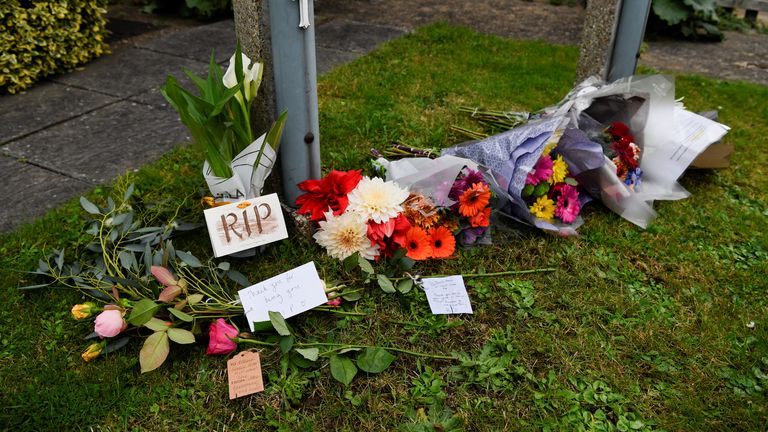 Tributes left to Sir David Amess outside the Conservative Party Association in his constituency