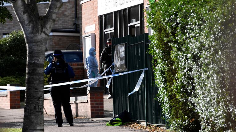 Police are seen at the scene where MP David Amess was stabbed during constituency surgery, in Leigh-on-Sea, Britain October 15, 2021. REUTERS/Tony O&#39;Brien