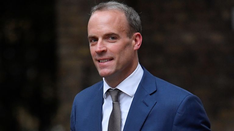 Dominic Raab, recently appointed as Justice Secretary, walks outside Downing Street in London, Britain, September 15, 2021. REUTERS/Toby Melville
