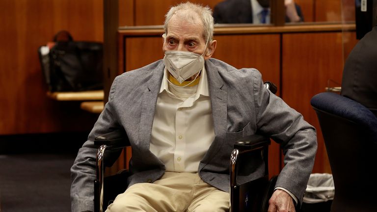 Robert Durst in his wheelchair looks at people in the courtroom as he appears in an Inglewood courtroom with his attorneys for closing arguments in his murder trial at the Inglewood Courthouse in California, U.S., September 8, 2021