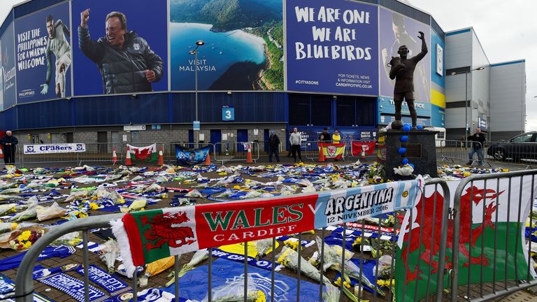 Soccer Football - Cardiff City - Cardiff City Stadium, Cardiff, Britain - January 26, 2019 General view of tributes left outside the stadium for Emiliano Sala REUTERS/Rebecca Naden