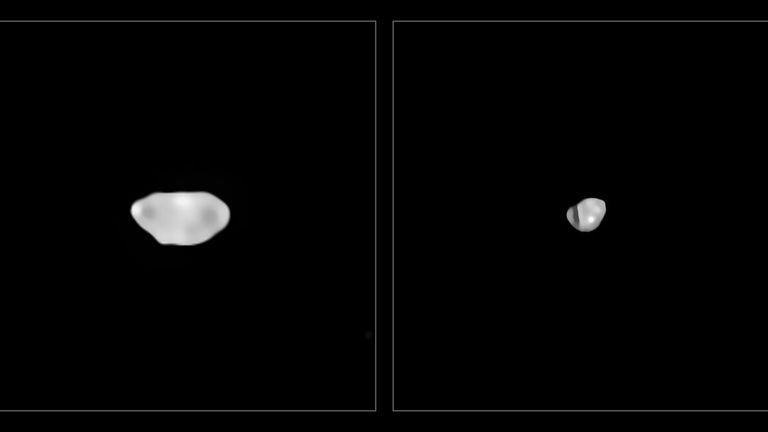 Gambar-gambar ini diambil dengan instrumen Spectro-Polarimetric High-Contrast Exoplanet REsearch (SPHERE) pada Teleskop Sangat Besar ESO sebagai bagian dari program yang mengukur 42 asteroid terbesar di tata surya kita.  Mereka menunjukkan dua asteroid paling tidak padat yang digambarkan, Sylvia dan Lamberta, yang memiliki kepadatan sekitar 1,3 gram per sentimeter kubik, kira-kira kepadatan batubara.