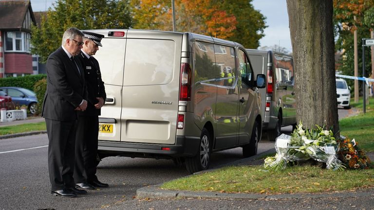 Essex Police chief constable Ben-Julian Harrington, right, and Roger Hirst, police fire and crime commissioner for Essex, paying their respects to Sir David Amess. Pic: Essex Police