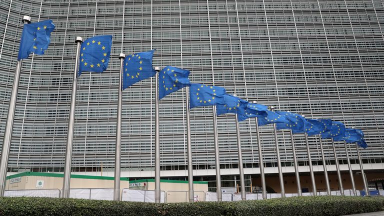 European Union flags fly outside the European Commission headquarters in Brussels, Belgium, October 4, 2019. REUTERS/Yves Herman
