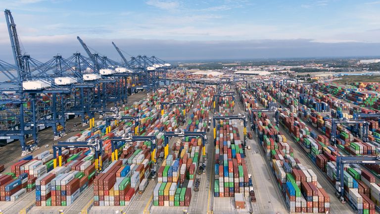 Thousands of shipping containers at the Port of Felixstowe in Suffolk, as shipping giant Maersk has said it is diverting vessels away from UK ports to unload elsewhere in Europe because of a build-up of cargo. Picture date: Wednesday October 13, 2021.

