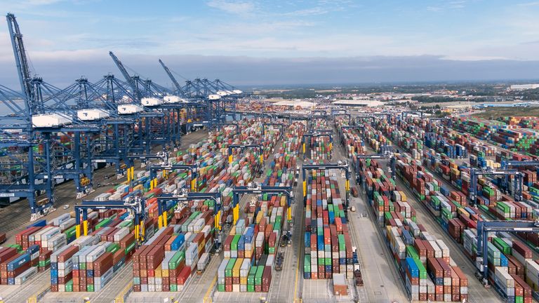 Thousands of shipping containers at the Port of Felixstowe in Suffolk, as shipping giant Maersk has said it is diverting vessels away from UK ports to unload elsewhere in Europe because of a build-up of cargo. Picture date: Wednesday October 13, 2021.

