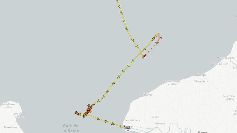 La route empruntée par le chalutier à pétoncles.  Photo : MarineTraffic.com