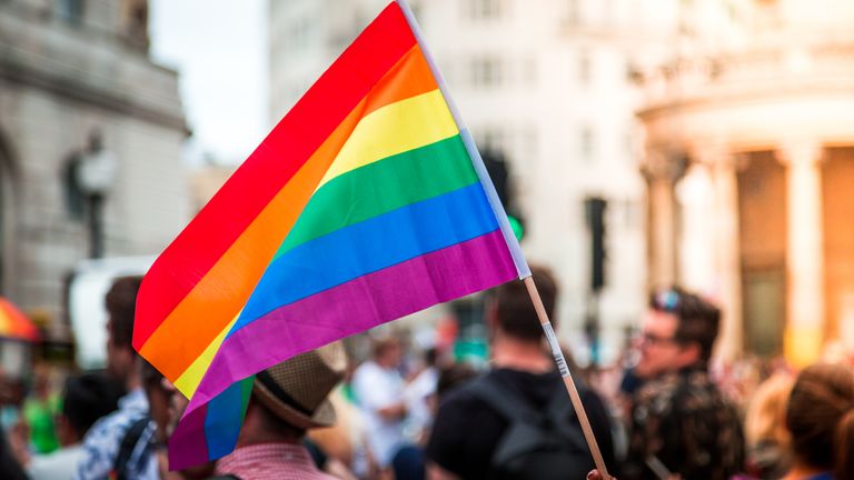 imagine olor care înfățișează mulțimi de oameni care sărbătoresc la parada Gay Pride din Londra în centrul orașului.  Oamenii sunt îmbrăcați în ținute colorate, iar steagul curcubeu - simbolul comunității LGBTQ - predomină.  Regent Street este plină de oameni la acest eveniment de sărbătoare.  Cameră pentru spațiu de copiere.  Poză: istock