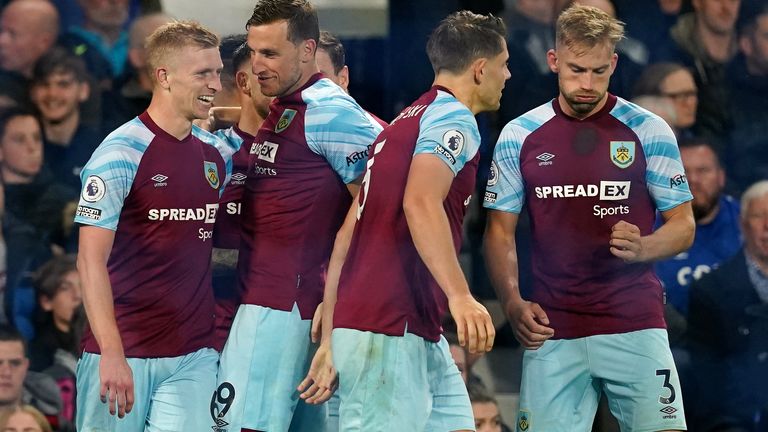 Burnley&#39;s Ben Mee celebrates scoring their side&#39;s first goal of the game during the Premier League match at Goodison Park, Liverpool. Picture date: Monday September 13, 2021.