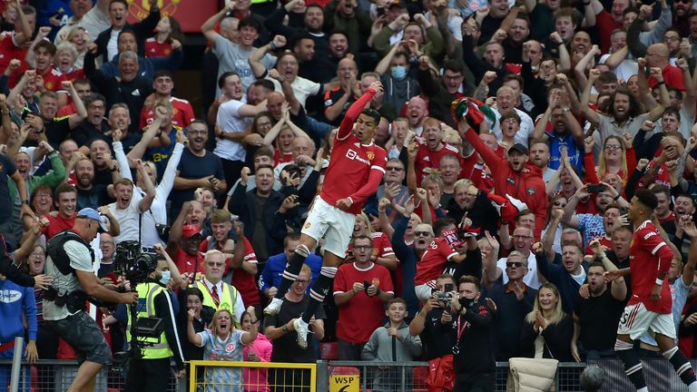 Manchester United&#39;s Cristiano Ronaldo celebrates after scoring his side&#39;s second goal during the English Premier League soccer match between Manchester United and Newcastle United at Old Trafford stadium in Manchester, England, Saturday, Sept. 11, 2021. (AP Photo/Rui Vieira)
PIC:AP

