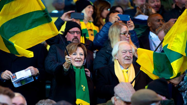 Norwich City shareholders Delia Smith and Michael Wynn-Jones in the stands during the Premier League match at Carrow Road,  2019