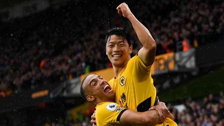 Premier League - Wolverhampton Wanderers v Newcastle United
Soccer Football - Premier League - Wolverhampton Wanderers v Newcastle United - Molineux Stadium, Wolverhampton, Britain - October 2, 2021 Wolverhampton Wanderers&#39; Hwang Hee-Chan celebrates scoring their second goal with Marcal REUTERS/Tony Obrien