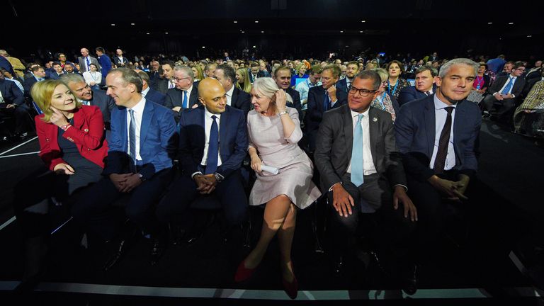 (left to right) Foreign Secretary Liz Truss, Lord Chancellor Dominic Raab, Health Secretary Sajid Javid, Culture Secretary Nadine Dorries, Cop26 President Alok Sharma, and Chief Secretary to the Treasury Stephen Barclay, await Prime Minister Boris Johnson&#39;s keynote speech at the Conservative Party Conference in Manchester. Picture date: Wednesday October 6, 2021.