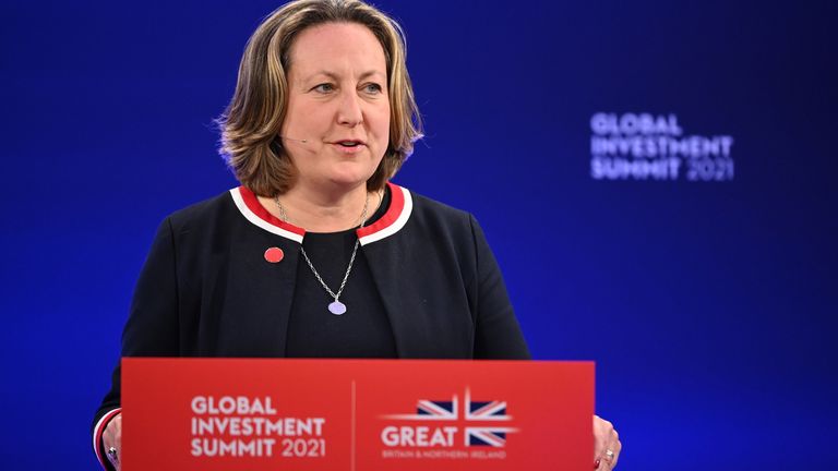 Britain&#39;s International Trade Secretary Anne-Marie Trevelyan speaks during the Global Investment Summit at the Science Museum, in London, Britain, October 19, 2021. Leon Neal/Pool via REUTERS
