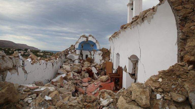 A view of a destroyed chapel following an earthquake in the village of Xerokampos on the island of Crete, Greece, October 12, 2021. REUTERS/Stringer
