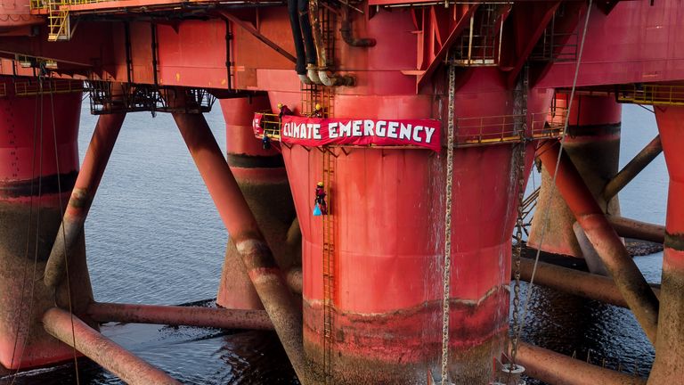 Greenpeace climbers on BP oil rig in Cromarty Firth, Scotland.
The rig is the 'Paul B Loyd Jr', owned by Transocean, and on its way to the Vorlich field where it was to be drilling new oil wells, operated by BP, paying £140,000 a day for its use. BP is the operator, Transocean the owner, the same as the Deepwater Horizon.