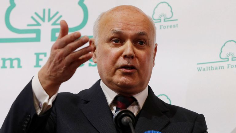 Conservative candidate for Chingford and Woodford Green Iain Duncan Smith speaks after winning Britain&#39;s general election in Waltham Forest Town Hall, Walthamstow, Britain, December 13, 2019. REUTERS/John Sibley
