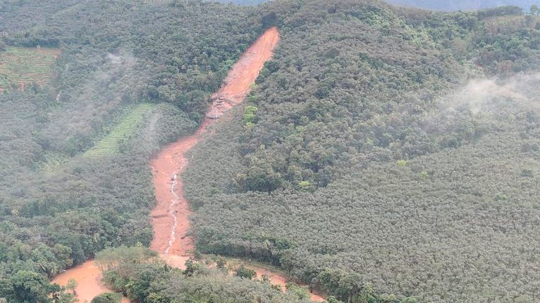 A landslide triggered by heavy rains in the mountains at Koottickal in Kottayam district, southern Kerala, India. Pic: AP