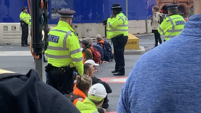 Picture taken with permission from the twitter of @EmbobEast showing protesters from Insulate Britain blocking Old Street roundabout in central London. Picture date: Friday October 8, 2021.
