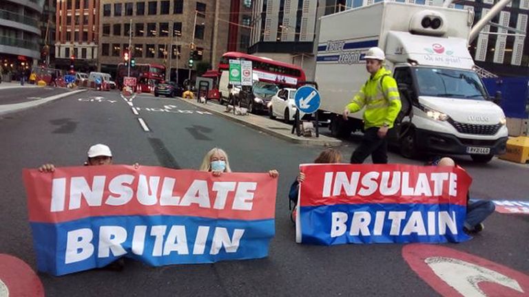 Handout photo issued by Insulate Britain of protesters from Insulate Britain blocking Old Street roundabout in central London. Picture date: Friday October 8, 2021.