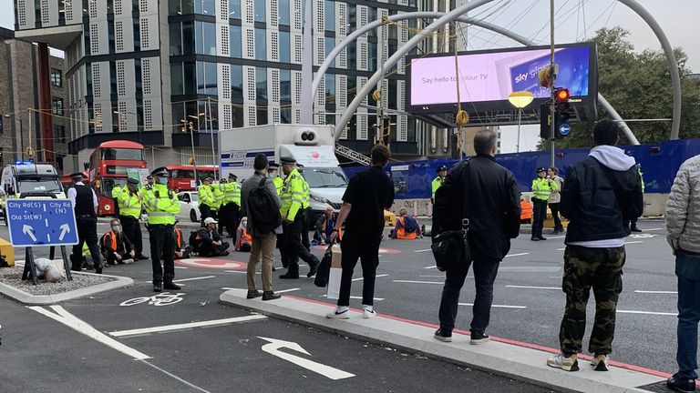 Picture taken with permission from the twitter of @EmbobEast showing protesters from Insulate Britain blocking Old Street roundabout in central London. Picture date: Friday October 8, 2021.