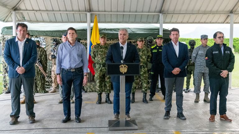 Colombia&#39;s President Ivan Duque speaks during a statement on the capture of Dairo Antonio Usuga David, alias "Otoniel", top leader of the Gulf clan, in Tolemaida, Colombia October 23, 2021. Colombian Presidency/Handout via REUTERS ATTENTION EDITORS - THIS IMAGE HAS BEEN SUPPLIED BY A THIRD PARTY. MANDATORY CREDIT. NO RESALES. NO ARCHIVES.