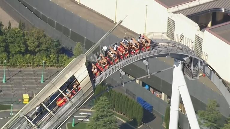 People stuck on a roller coaster in Osaka.