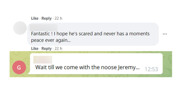Abuse and threats directed at Jeremy Vine on Facebook and Telegram.