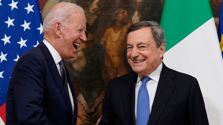 U.S. President Joe Biden, left, shakes hands with Italy&#39;s Prime Minister Mario Draghi prior to a ceremony at the Chigi Palace in Rome, Friday, Oct. 29, 2021. A Group of 20 summit scheduled for this weekend in Rome is the first in-person gathering of leaders of the world&#39;s biggest economies since the COVID-19 pandemic started. (AP Photo/Evan Vucci)

PIC:AP
