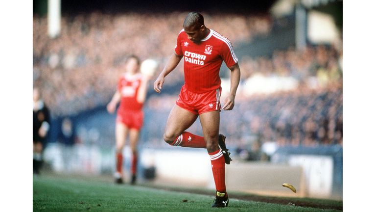 Football, 21st February 1988, FA Cup Fith Round, Goodison Park, Everton 0 v Liverpool 1, Liverpool&#39;s John Barnes backheels a banana that was thrown onto the pitch by a racist section of the crowd  (Photo by Bob Thomas Sports Photography via Getty Images)