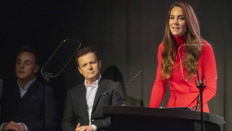 The Duchess of Cambridge delivers the keynote speech, watched by television presenters Ant McPartlin and Declan Donnelly, at the launch of the Forward Trust&#39;s Taking Action on Addiction campaign at BAFTA, London. Picture date: Tuesday October 19, 2021.
