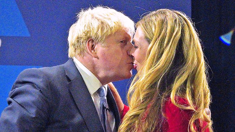 Prime Minister Boris Johnson is joined by his wife Carrie on stage after delivering his keynote speech at the Conservative Party Conference in Manchester. Picture date: Wednesday October 6, 2021.