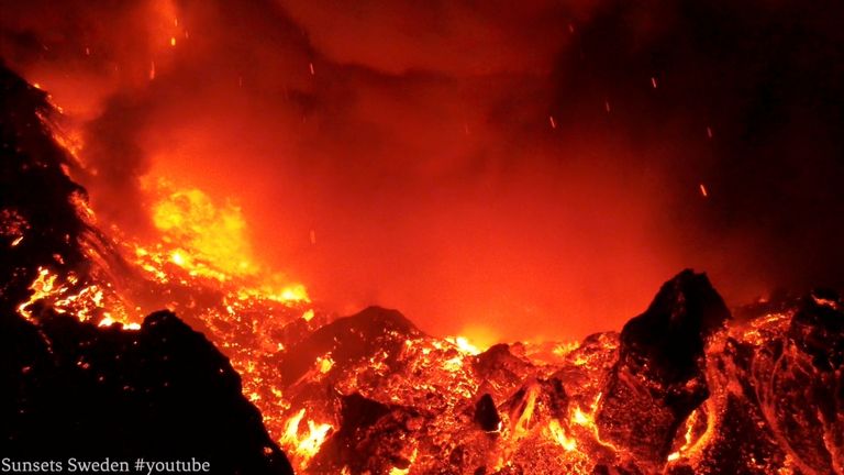 A drone captures the Cumbre Vieja volcano on Spain&#39;s La Palma island. Pic: YouTube/Sunsets Sweden via Reuters