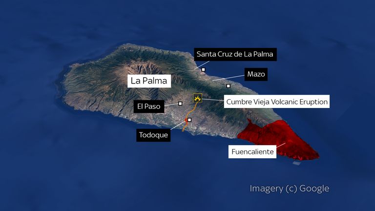 A map of the Cumbre Vieja Volcano eruption on La Palma