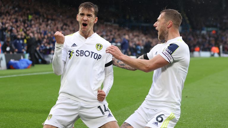Soccer Football - Premier League - Leeds United v Watford - Elland Road, Leeds, Britain - October 2, 2021 Leeds United&#39;s Diego Llorente celebrates scoring their first goal with Liam Cooper Action Images via Reuters/Lee Smith EDITORIAL USE ONL y