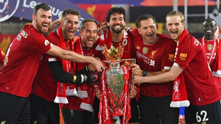 Players celebrate their Premier League win last year. Pic: AP