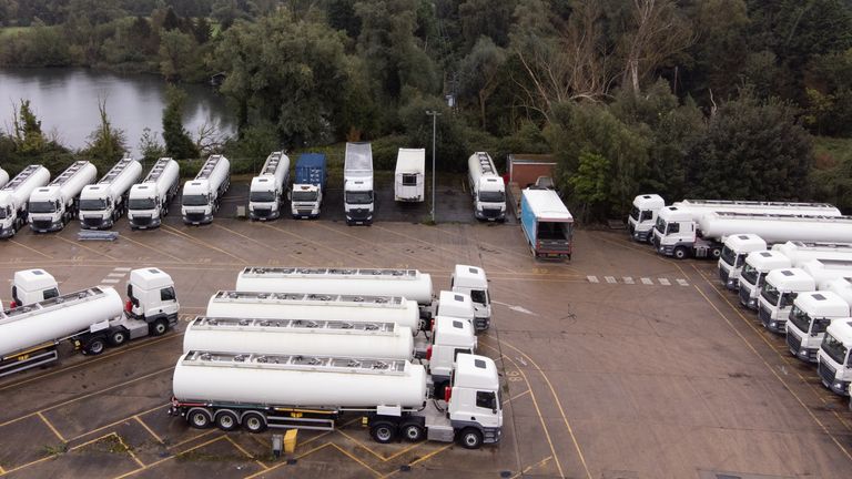 Part of the government's reserve tanker fleet based at a depot in Fenstanton, Cambridgeshire. Military drivers will be deployed to deliver fuel to forecourts from Monday as the crisis at the pumps continues