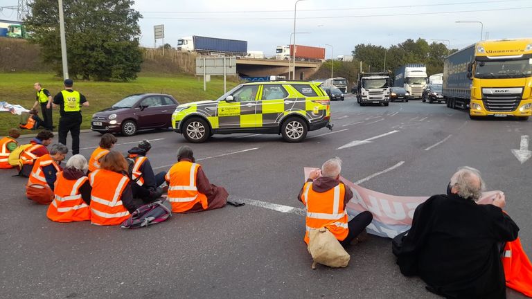 Protesters blocking the road on Wednesday morning. Pic: Insulate Britain 