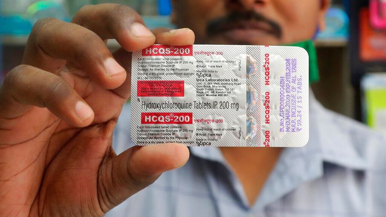 Malaria drugs held by a pharmacist in Mumbai, India. Pic: AP