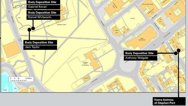 Undated handout image issued by the Metropolitan Police of a map showing the spots where bodies were dumped by Stephen Port during his 16-month killing spree. Issue date: Thursday October 7, 2021.
