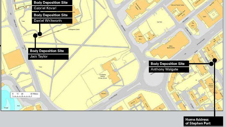 Undated handout image issued by the Metropolitan Police of a map showing the spots where bodies were dumped by Stephen Port during his 16-month killing spree. Issue date: Thursday October 7, 2021.
