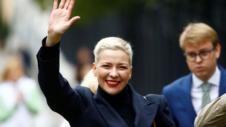 Belarusian opposition politician Maria Kolesnikova waves as she arrives for questioning at the Investigative Committee in Minsk, Belarus August 27, 2020. REUTERS/Vasily Fedosenko