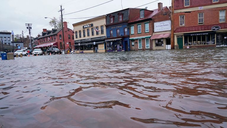 A street in downtown Annapolis, Md., Friday, Oct. 29, 2021, is flooded. The city is anticipating potential historic tidal flooding conditions in low-lying areas Friday and Saturday. (AP Photo/Susan Walsh)


