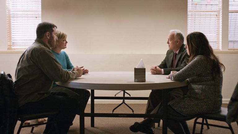 In Mass, two sets of parents - Reed Birney and Ann Dowd, and Jason Isaacs and Martha Plimpton - agree to speak privately years after a tragedy that has torn their entire lives apart.  Photo: Bleecker Street / Sky UK