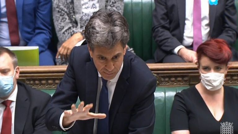 Shadow Secretary of state for business, energy and industrial strategy Ed Miliband speaks during Prime Minister&#39;s Questions in the House of Commons, London. Mr Miliband is standing in for Labour leader Sir Keir Starmer who has tested positive for Covid-19.